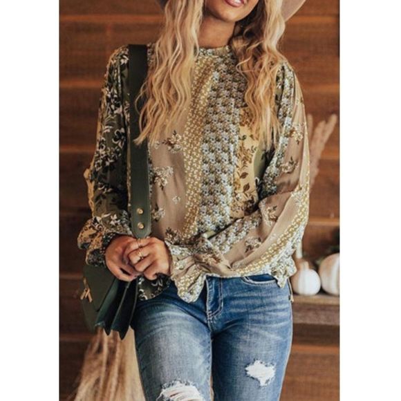 Floral Print Ruffle Cuff Long Sleeve Blouse - Picture 6 of 6